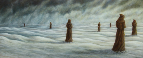 "Watchers", 2002, Acrylic on Panel, 5 7/8 x 14 in., by David Jay Spyker